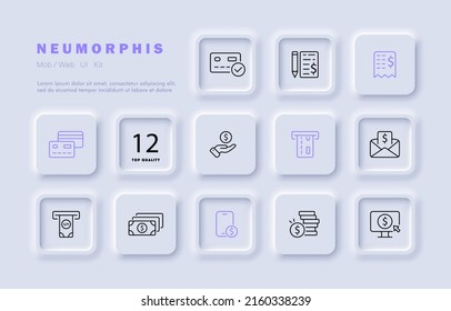 Symbol für Zahlungssatz. Karte, Kreditkarte, Scheck, Unterschrift, Bank, Terminal, Rechnung, Geld. kontaktloses Zahlungskonzept. Neomorphismus-Stil. Vektorsymbol für Unternehmen und Werbung