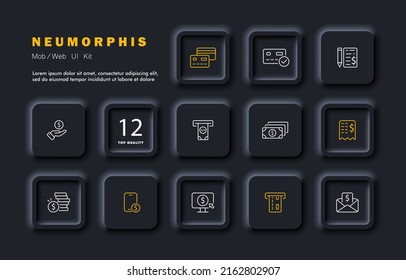 Payment set icon. Card, online bank, contactless payment, nfs, bill, terminal, ATM, check, dollar, credit, debit, salary. Money concept. Neomorphism style. Vector line icon for Business Advertising