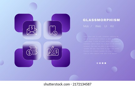 Payment set icon. Check, Internet banking, receipt, purchase, pen, contract, notary, targeted advertising, income. Shopping concept. Glassmorphism style. Vector line icon for Business and Advertising