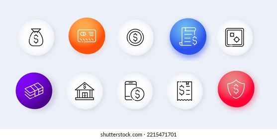 Payment set icon. Check, transaction, bank, envelope, bag of gold, order, cash, tax, shield, salary, bill. Shopping concept. Neomorphism style. Vector line icon for Business and Advertising