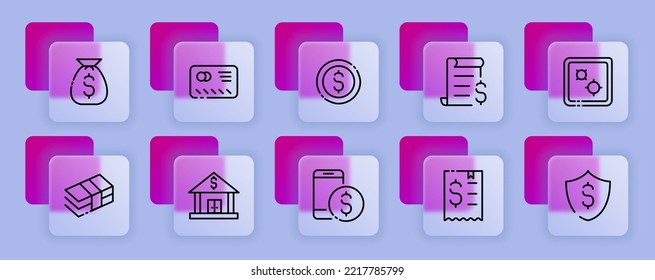 Payment set icon. Check, transaction, bank online, spam, envelope, order, cash, tax, shield, salary, bill. Shopping concept. Glassmorphism style. Vector line icon for Business and Advertising