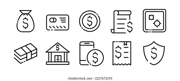 Payment set icon. Check, transaction, bank online, spam, envelope, order, cash, tax, shield, salary, bill. Shopping concept. Vector black set icon on a white background for Business and Advertising