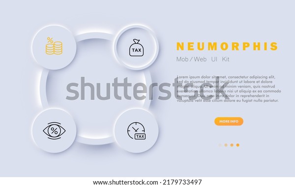 Payment set icon.\
Tax time, coins, discount, income summary, bonus card, dollar,\
credit, cash back. Money concept. Neomorphism style. Vector line\
icon for Business and\
Advertising