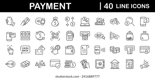 Payment set of web icons in line style. Business and finance payment icons for web and mobile app. Credit card, money, banking, exchange, cash and transaction, NFC. Vector illustration