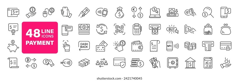 Payment set of web icons in line style. Business and finance payment icons for web and mobile app. Credit card, money, banking, exchange, cash and transaction, NFC. Vector illustration