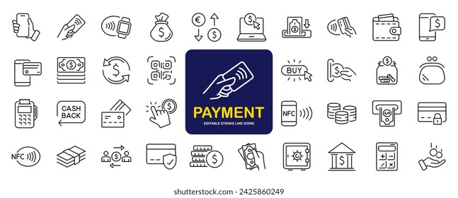Payment set of web icons in line style. Business and finance payment icons for web and mobile app. Credit card, money, banking, exchange, cash and transaction, NFC. Vector illustration