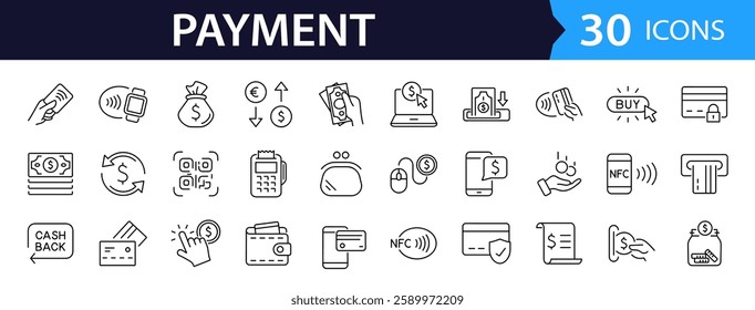 Payment set of web icons in line style. Business and finance payment icons for web and mobile app. Credit card, money, banking, exchange, cash and transaction, NFC. Vector illustration
