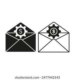 Icono de Configuraciones de pago. Sobre con engranaje de dólar. Blanco y negro. Vector gráfico.
