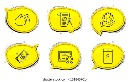 Signo de pago. Certificado de diploma, salva las burbujas de chat del planeta. Donación de sangre, pago de Smartphone y iconos de línea de documento Divider conjunto. Lesiones, pago móvil, archivo de informe. Finanzas. Conjunto de negocios. Vector
