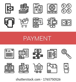 Zahlung einfache Symbole gesetzt. Enthält Symbole wie Online-Zahlung, Zahlung, Geld, Einkauf, Online-Banking, Signieren, Geldtransfer, Yen, Bill, kann für Web, Mobile und Logo verwendet werden