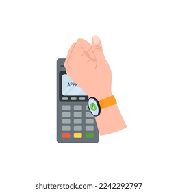 Zahlung mit intelligenter Uhr, Handzahlung mit POS-Terminal, flache Vektorgrafik einzeln auf weißem Hintergrund. kontaktlose NFc-Zahlungstechnologie.