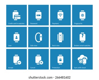 Payment with smart watch icons on blue background. Vector illustration.