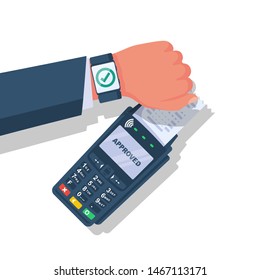 Payment smart watch. NFC concept. Cashless payment smart clock. Contactless terminal. Modern man uses technology. Vector illustration flat design. Isolated white background. Non-cash transactions. 