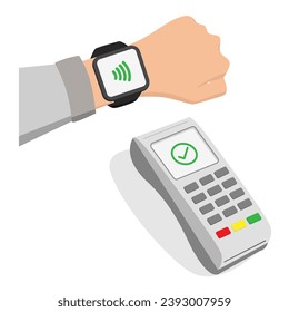 Payment with a smart watch at the payment terminal. contactless payment concept. Flat vector illustration