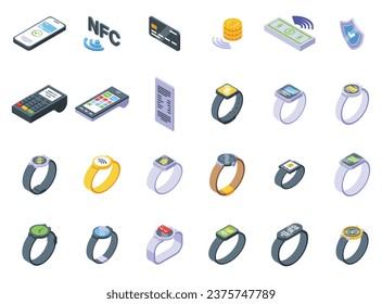 Payment with smart watches icons set isometric vector. Nfc reader. Smart digital store