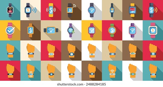 Payment with smart watches icons set. Smart watch icons showing different functions, including time, payment, wifi and fitness tracking