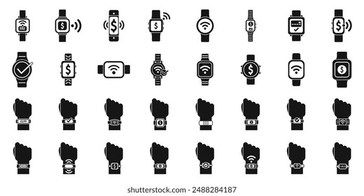 Payment with smart watches icons set. People using smart watches for nfc contactless payment icons set simple style