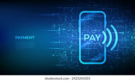 Payment with smartphone icon made with currency symbols. Online mobile payment. NFC. Near-field communication. Contactless payment. Background with Dollar, euro, yen, pound icons. Vector illustration.