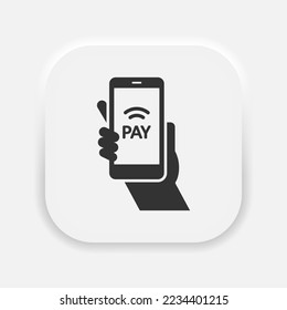 Payment with smartphone icon, online mobile contactless payment with NFC symbol in neumorphism style. Vector EPS 10
