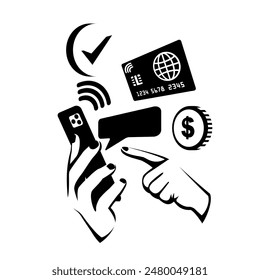 Pago con smartphone.  Icono de pago móvil para App y Sitios web. Teléfono en mano. Diseño plano de Ilustración vectorial. Aislado sobre fondo blanco. Compra sin contacto.