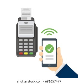 Payment with smartphone and terminal. Payment approved sign.