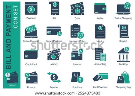 Payment solid icon set. icon related to bill and payment. payment, bill, bash, wallet, and more. business element vector illustration