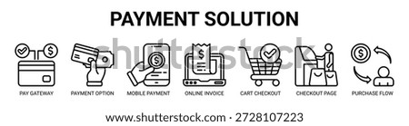 Payment Solution web banner icon vector illustration concept with icon of pay gateway, payment option, mobile payment, online invoice, cart checkout, checkout page, purchase flow.