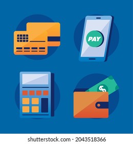 Icono de soluciones de pago establecido en fondo azul
