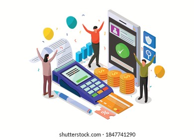 Payment Succesful. Payment Approved, Online Card Payment Concept. Money transfer, Mobile Wallet, Mobile App, Internet Banking. Vector Isometric Illustration.