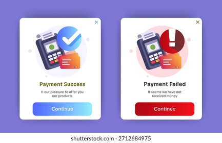 Sucesso de pagamento e erro de pagamento pop-up notificação com ilustração de máquina de cartão. vetor.