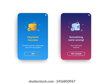 payment success and rejected pop up message. notifications banner design. vector