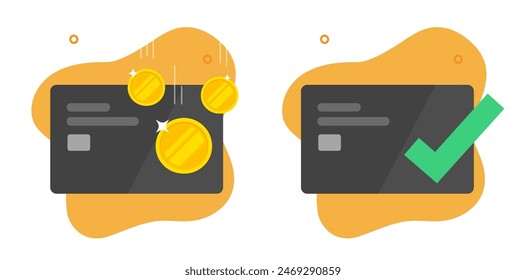 Payment success via credit bank card icon vector graphic illustration set, money pay received to electronic wallet, verified check mark cash transaction image clip art