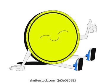O pagamento teve êxito na ilustração 2D onboarding ui. Personagem moeda feliz dando polegar para cima. Confirmação financeira positiva. Dinheiro bonito mascote conceito de desenho animado isolado no branco. Metáfora vetorial abstrata plana
