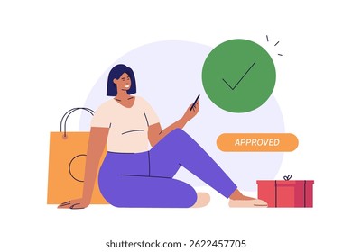 Pagamento Bem-sucedido. Mulher bonita pagando com sucesso e com segurança. Serviços bancários e de pagamento móvel on-line. Conceito de pagamento aprovado, pagamento concluído. Ilustração vetorial para aplicativo móvel de banner da Web