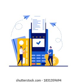 Payment successful, complete transaction concepts with character. Pos terminal with credit card and tick mark on screen. Modern flat style for landing page, mobile app, infographics, hero images.