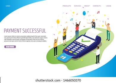 Payment successful vector website template, web page and landing page design for website and mobile site development. Pos terminal with tick mark on screen, credit card, receipt. Complete transaction.