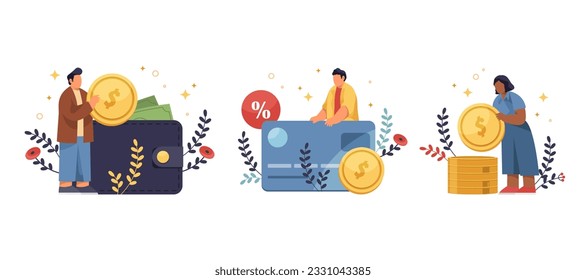 Payment system, cash or banking credit card paying. Set of vector illustrations. Money savings or funds accumulating. Profit or salary income, deposit growth. Banking and finance themes.