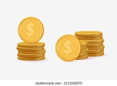 Payment system. Coins and Dollar cent Sign isolated white background. 3D modern design. Business concept. Bundle of Money, Coin. Dollars 3D symbol render vector. Set of Money Related Vector 3D Icons