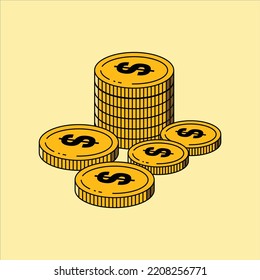 Payment system. Coins and penny signs on pastel yellow background. Modern design. Business concept. Money Bundles, Coins. Vector rendering of 3D dollar symbol. Money Related Vector 3D Icon Set. Legal 