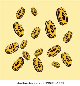 Payment system. Coins and penny signs on pastel yellow background. Modern design. Business concept. Money Bundles, Coins. Vector rendering of 3D dollar symbol. Money Related Vector 3D Icon Set. Legal 