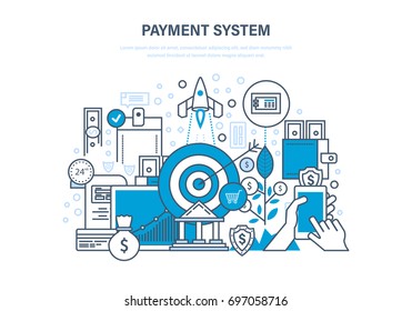 Payment system concept. Methods and forms of payment, security of financial transactions. Internet banking, cash deposits. Illustration thin line design of vector doodles, infographics elements.