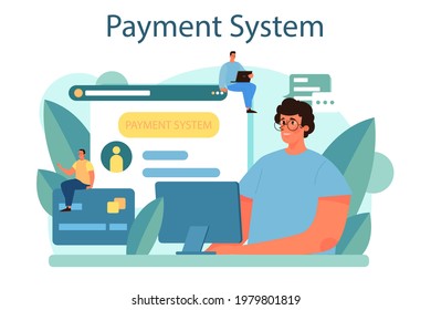 Payment system concept. Website payment system by credit card. Contactless transaction software. Idea of modern technology and finance progress. Flat vector illustration