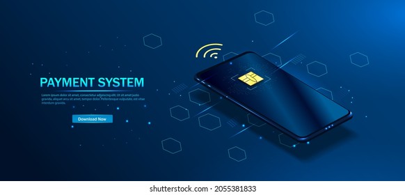 Sistema de pago. Pago sin contacto, alta protección y seguridad con nfc chip. Compra segura por teléfono. Concepto de pago sin contacto. 