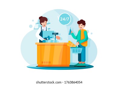 Payment system with Grocery store on background. Vector Illustration concept