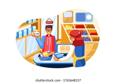 Sistema de pago con almacén de compras en segundo plano. Concepto de Ilustración de Vectores.