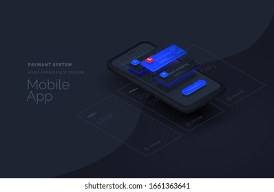 Payment system for mobile applications. Web page created from separate blocks. User experience, user interface. Layouts of the mobile application by layers. Modern vector illustration isometric style.