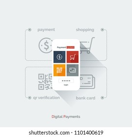 Payment system mobile interface. Infographics with a mobile phone and payment system icons. Modern full-color illustration flat style.