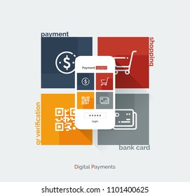 Payment system mobile interface. Infographics with a mobile phone and payment system icons. Modern full-color illustration flat style.