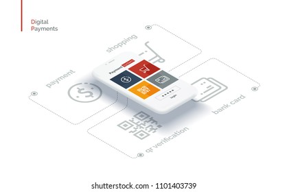 Payment system mobile interface. Infographics with a mobile phone and payment system icons. Modern full-color illustration isometric style.