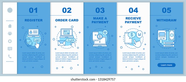 Payment system onboarding mobile web pages vector template. Money transfer. Responsive smartphone website interface idea with linear illustrations. Banking. Webpage walkthrough step screens concept